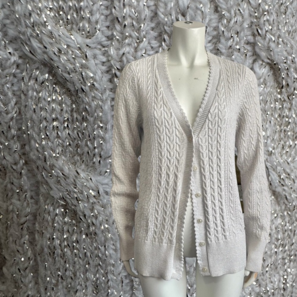 Eddie Bauer Ivory Cable Knit Cardigan Metallic Gold Thread Accents Size Medium - Picture 5 of 14